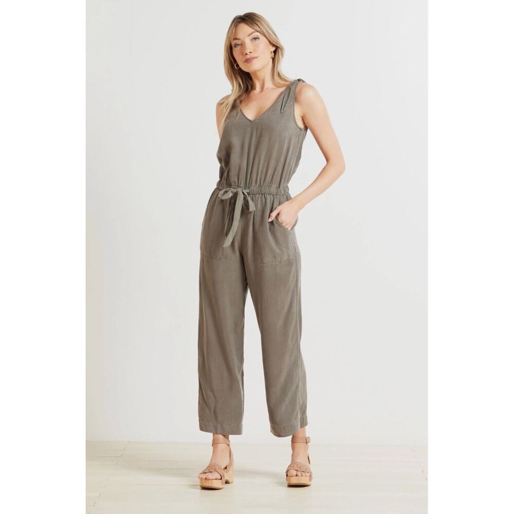 Evereve Dana Jumpsuit Small Olive Drab Wide Leg Crop Utility Tie Waist Lyocell
